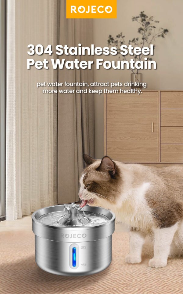 ROJECO Stainless Steel Automatic Pet Water Fountain – Smart Cat & Dog Drinking Fountain with Filter, Quiet Water Dispenser